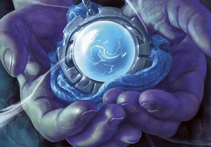 Magic amulet in hands and shop